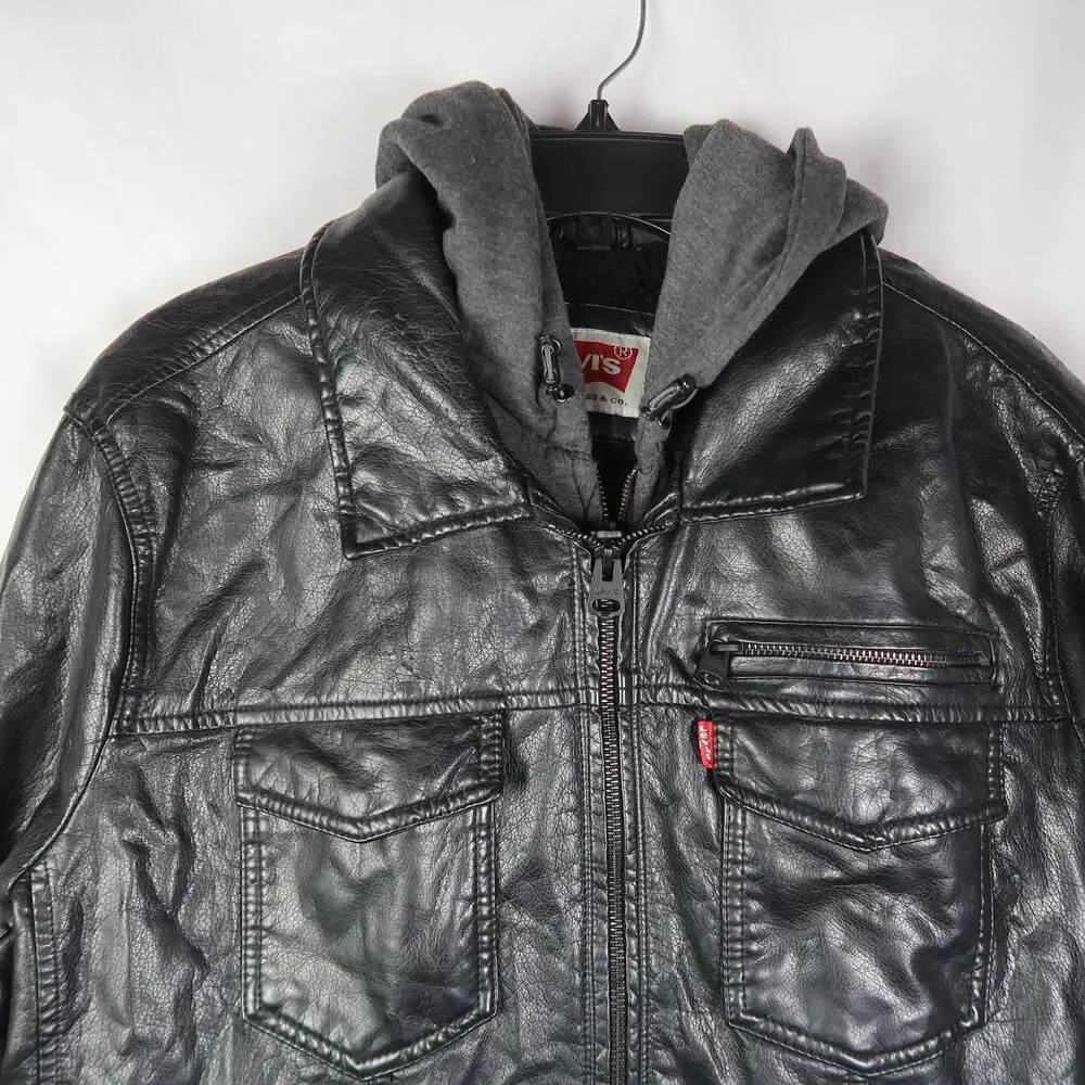 Levi's Black Faux Leather Jacket Layered Look Hoodie Men's Size Large
